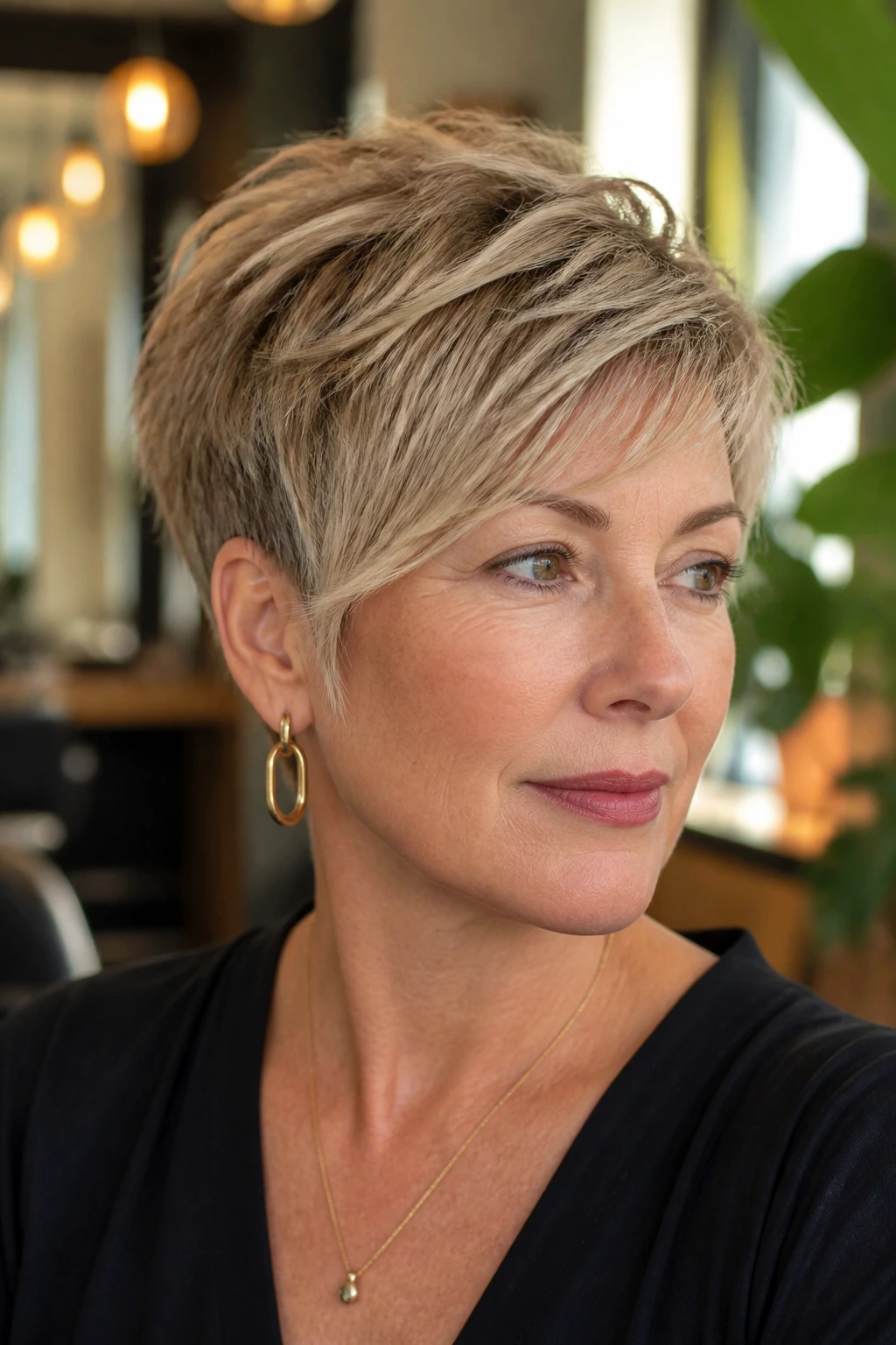 Close-up portrait of a real woman with feathered short crop in a salon setting