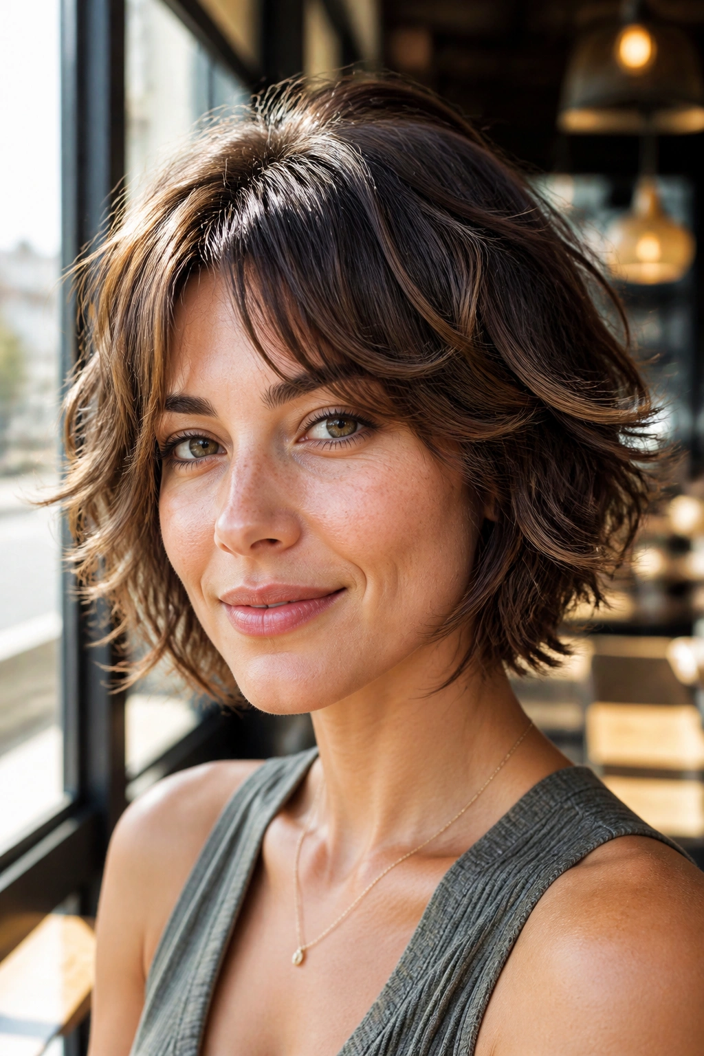 Close-up of a real woman with a feathered short wavy cut and soft edges