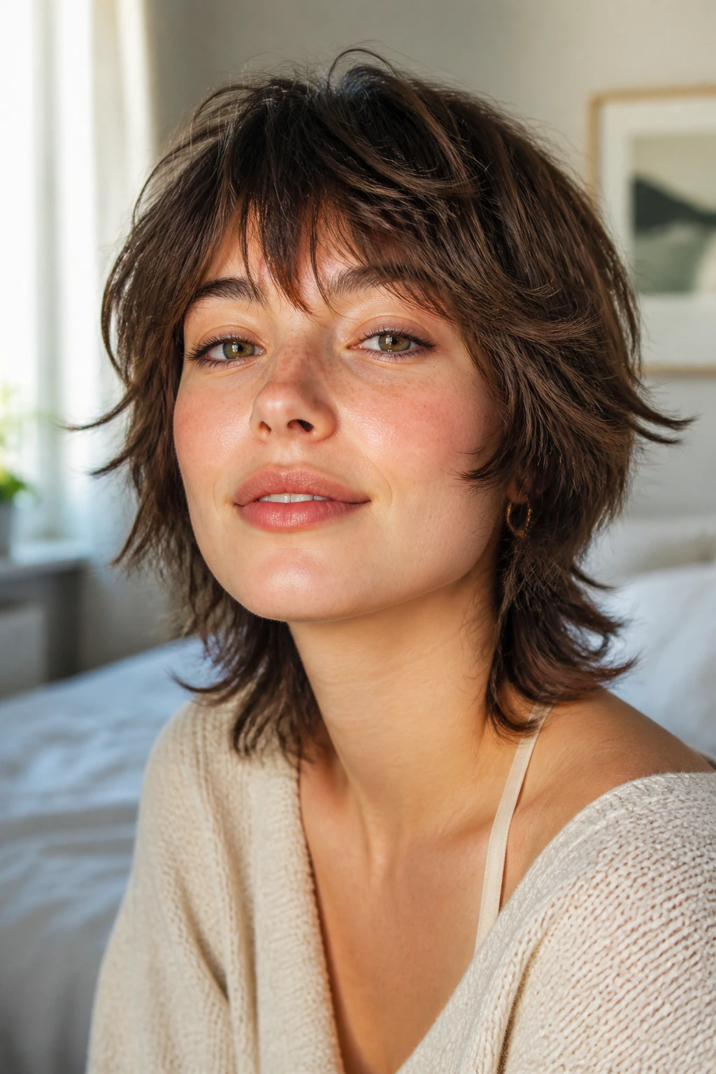 Close-up of a real person with a feathered short shag hairstyle
