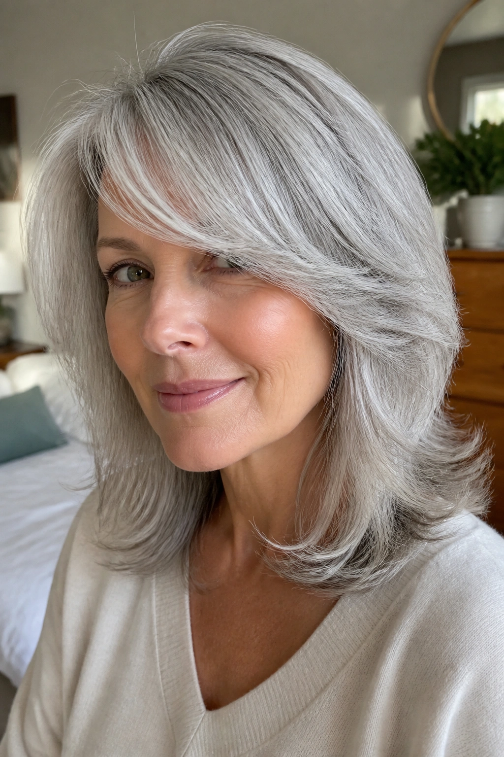 Close-up of a real woman with feathered shoulder-length hair and side-swept bangs