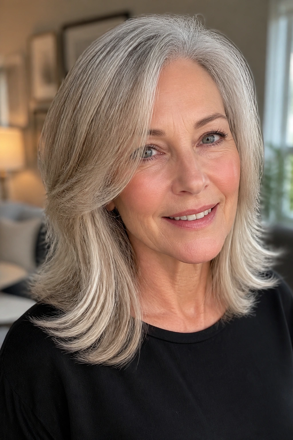 Close-up of a real woman with a feathered shoulder cut and light ends