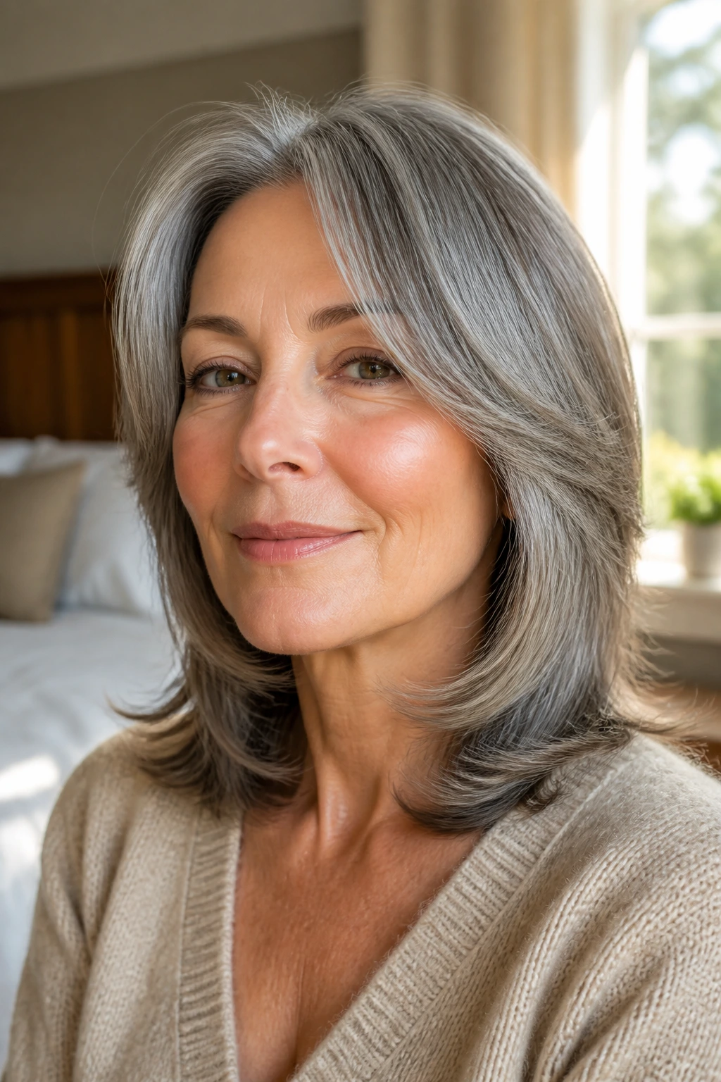 Close-up of a real woman with shoulder-length grey feathered hair.
