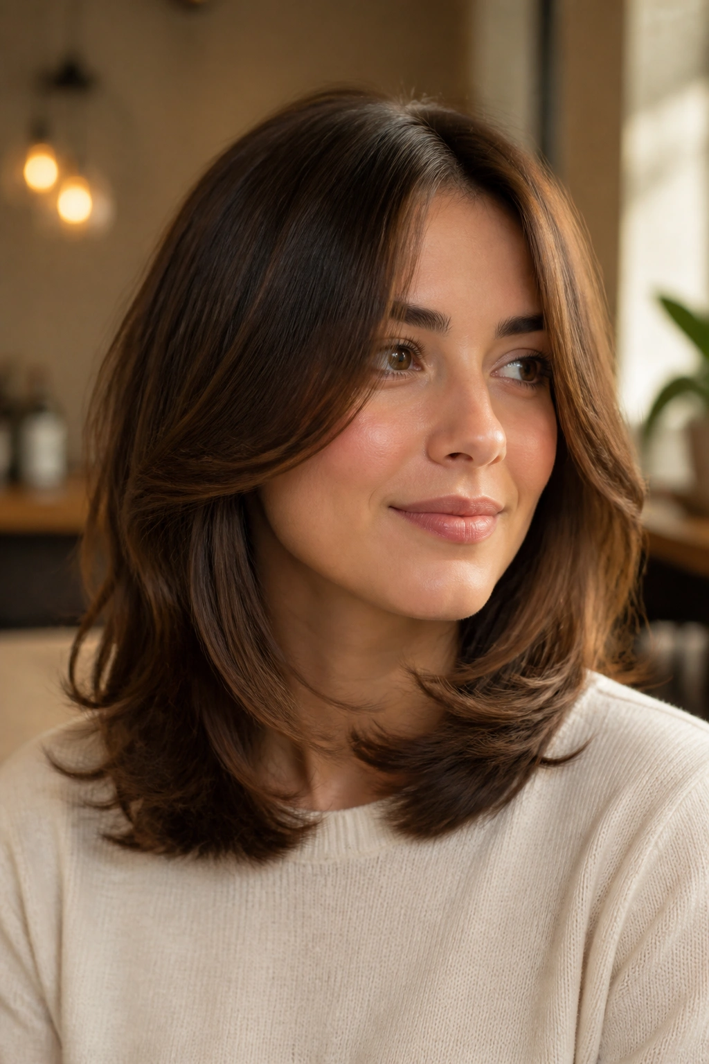 Real woman with feathered shoulder cut in brown hair.