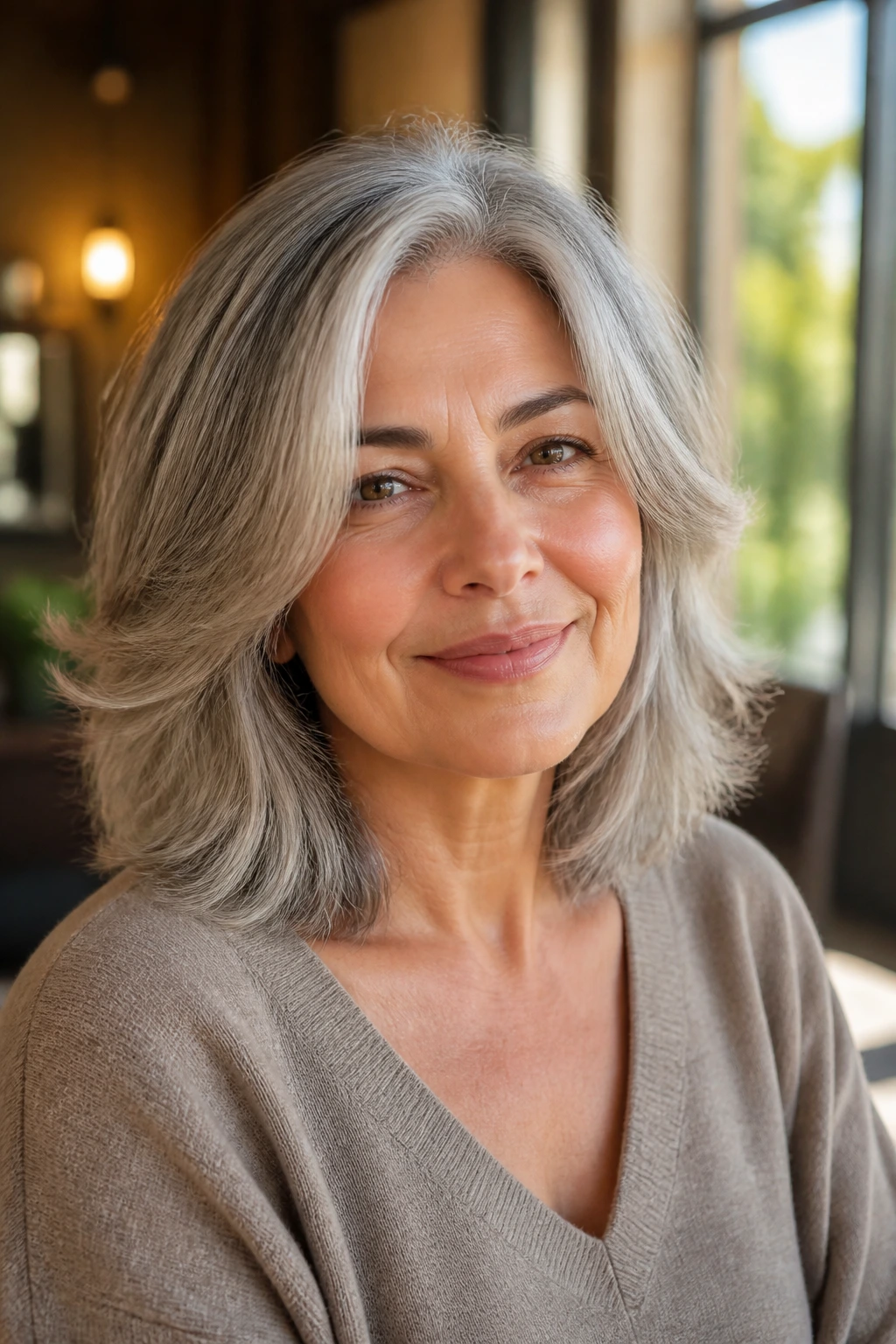 Real person with a feathered shoulder-length gray hairstyle and airy ends.