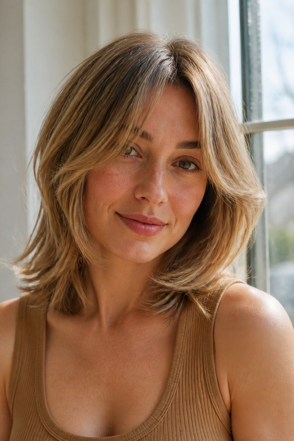Close-up of real woman with feathered shoulder-cut in natural window light