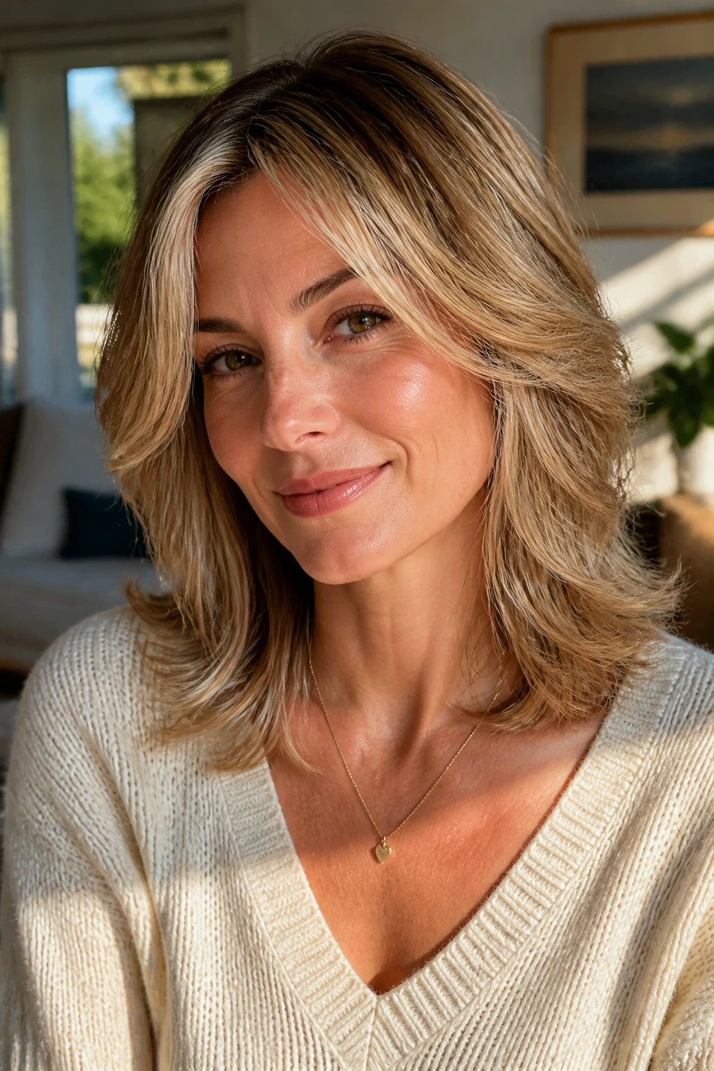 Portrait of a real woman with a feathered shoulder-length cut showing soft movement