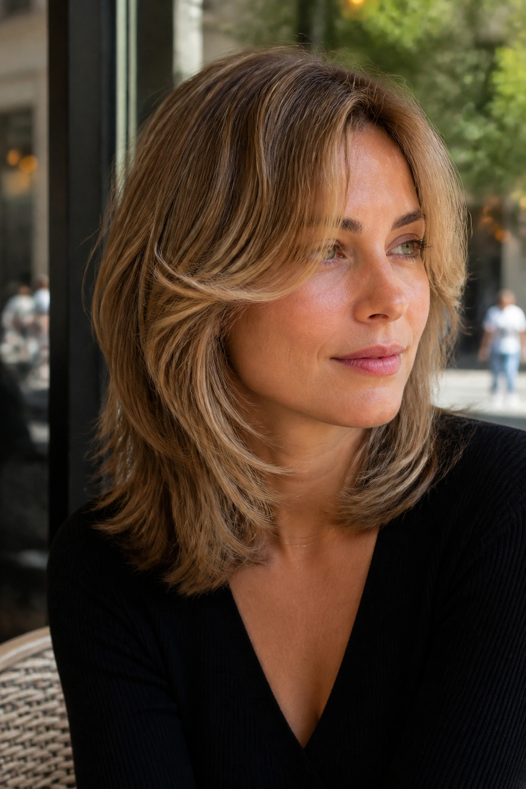 Shoulder-length hair feathered around the face on a real person outdoors.