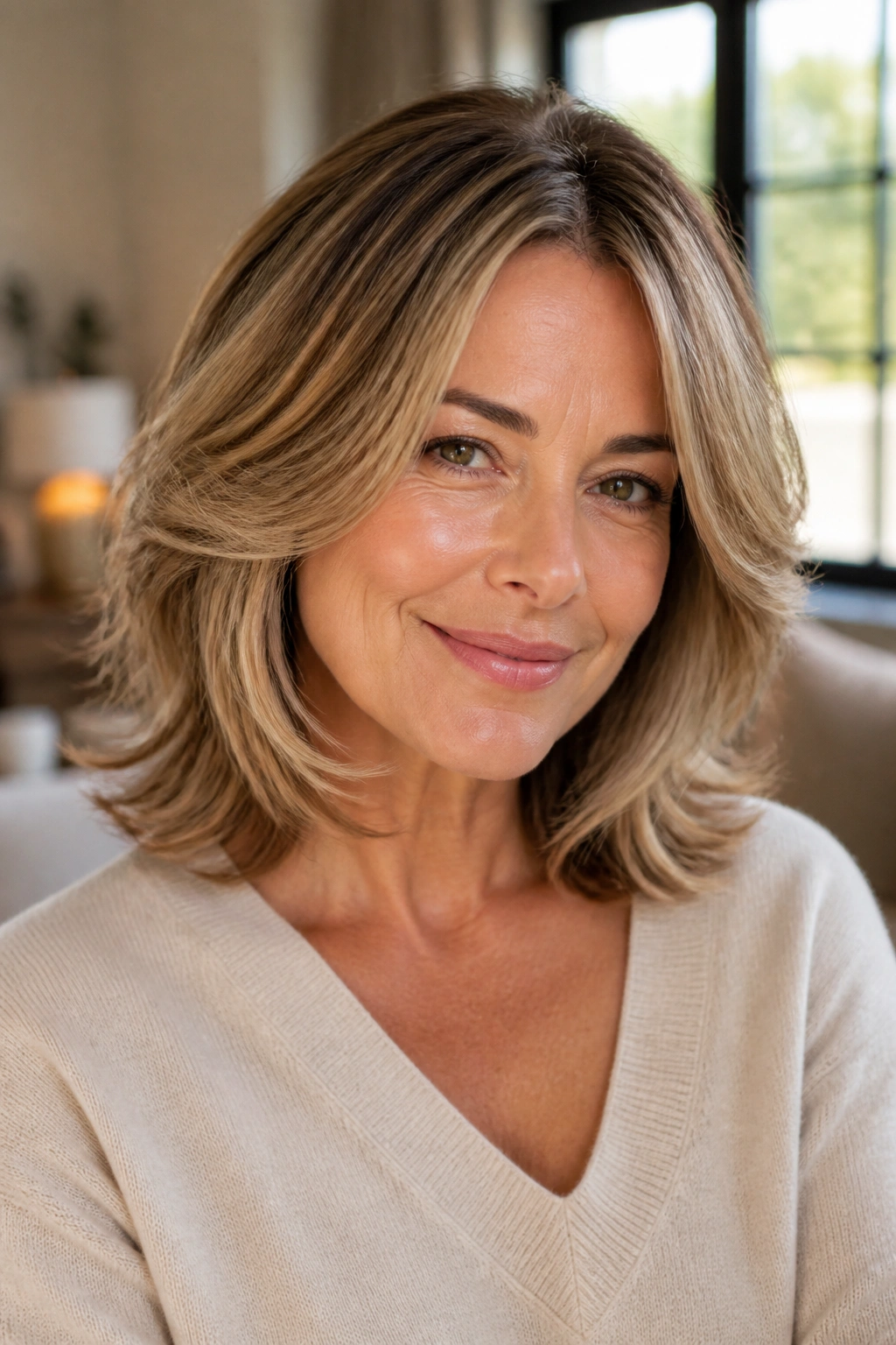 Close-up of a real woman with feathered shoulder-length cut in soft natural light