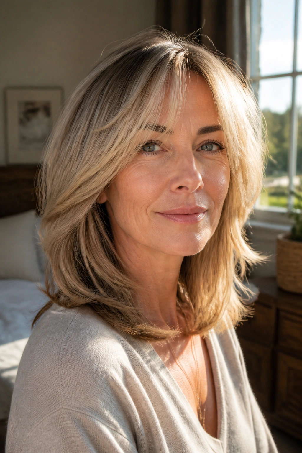 Close-up of a real woman with a feathered shoulder-length cut in natural window light