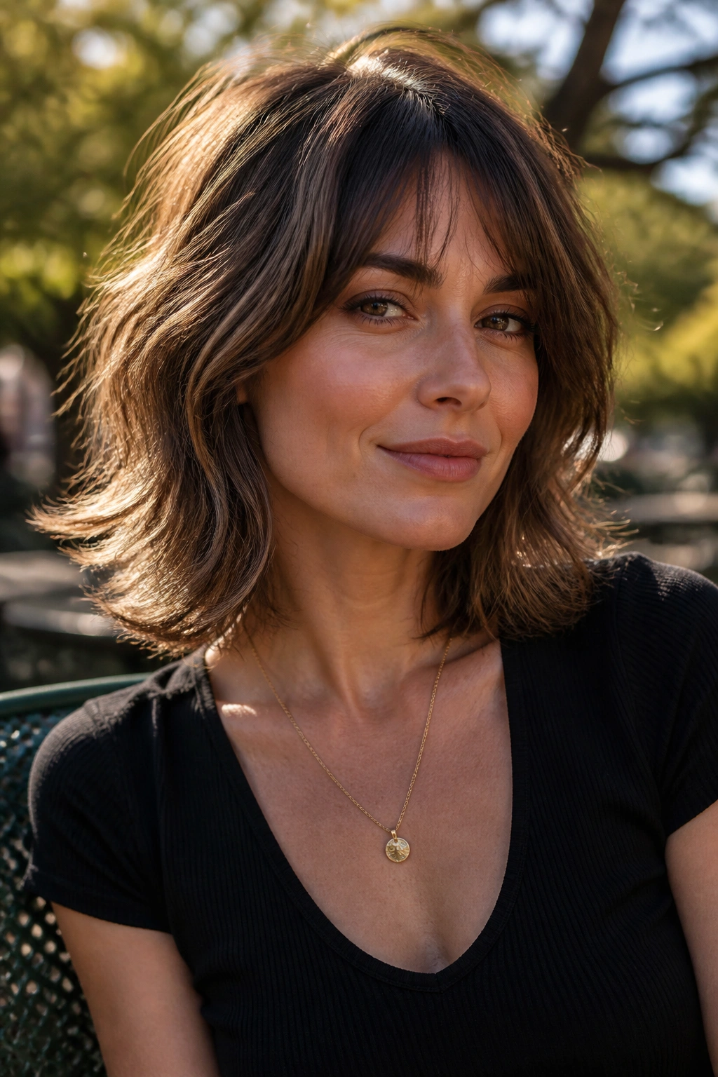 Portrait of a woman with shoulder-skimming feathered shag in natural light
