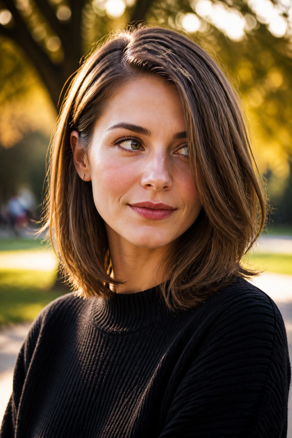 Close-up of a real person with a feathered shoulder-length cut and side part in park lighting.