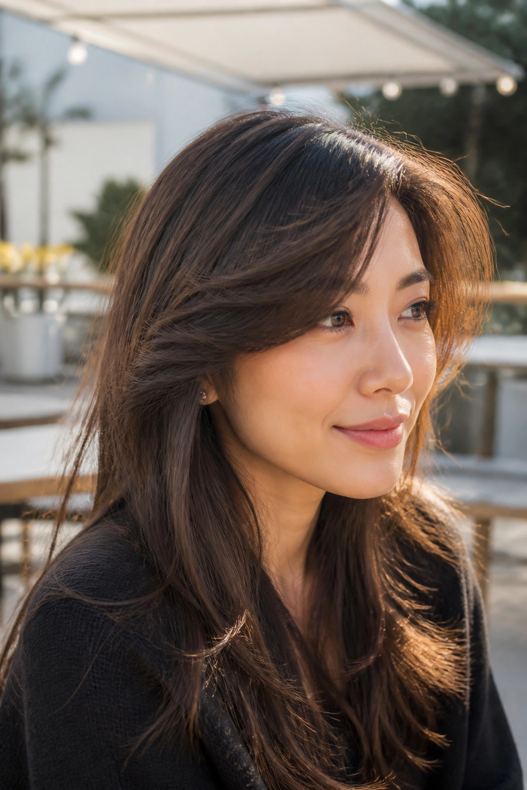 Close-up portrait of a real woman with feathered side bangs and a soft blowout