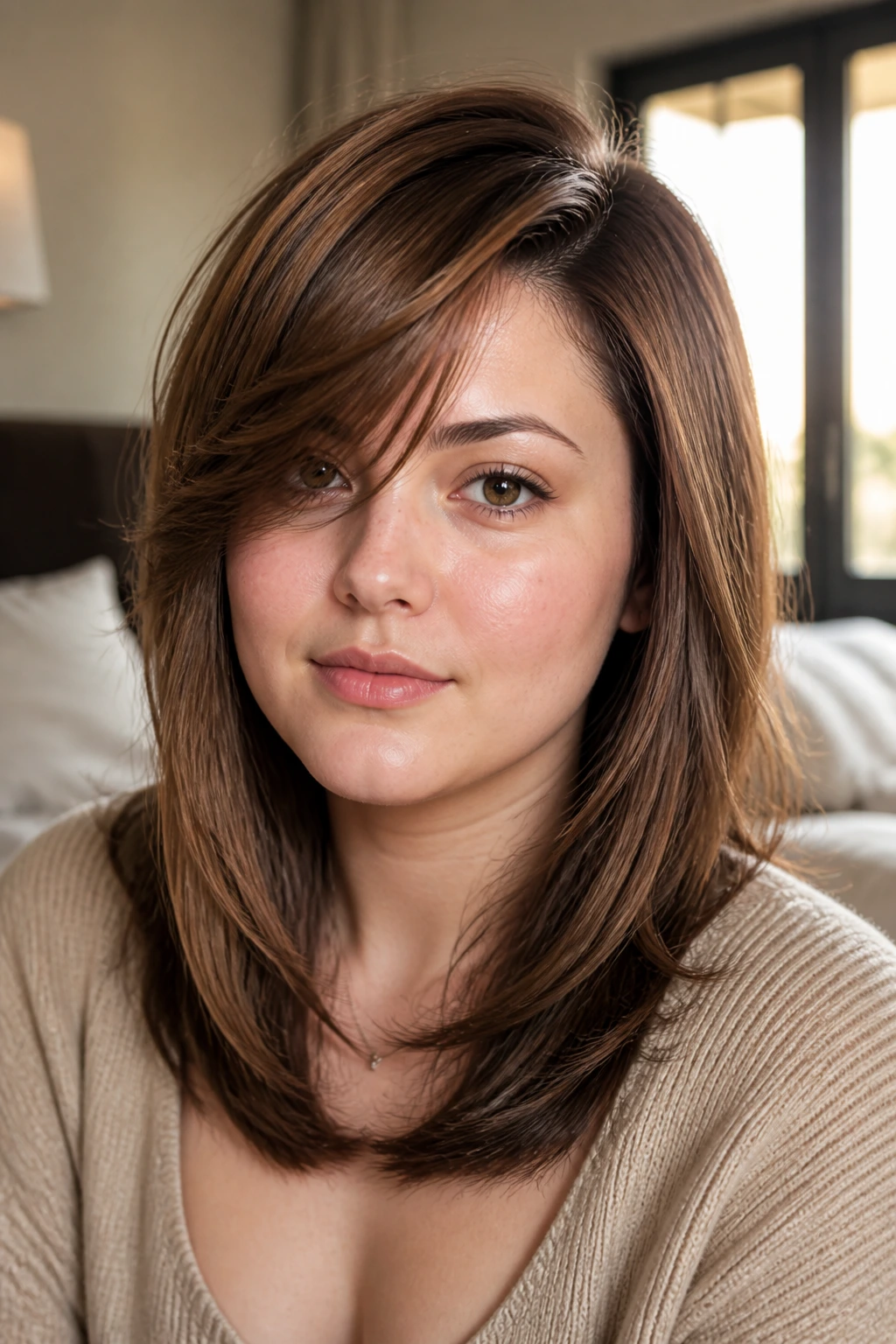 Close-up of a real woman with feathered side bangs and deep side part in soft light