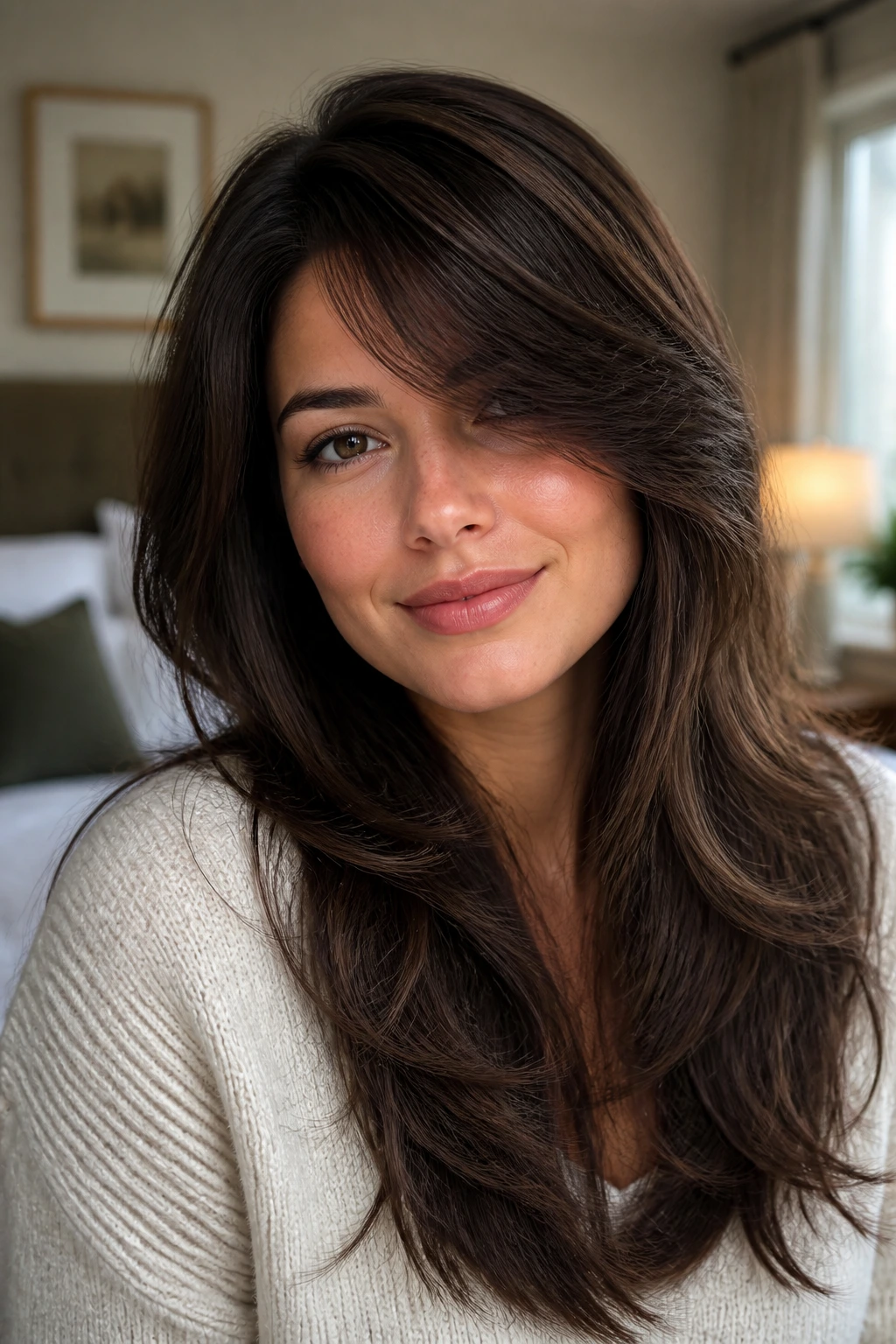 Portrait of a thick-haired woman with feathered side bangs creating a diagonal line.
