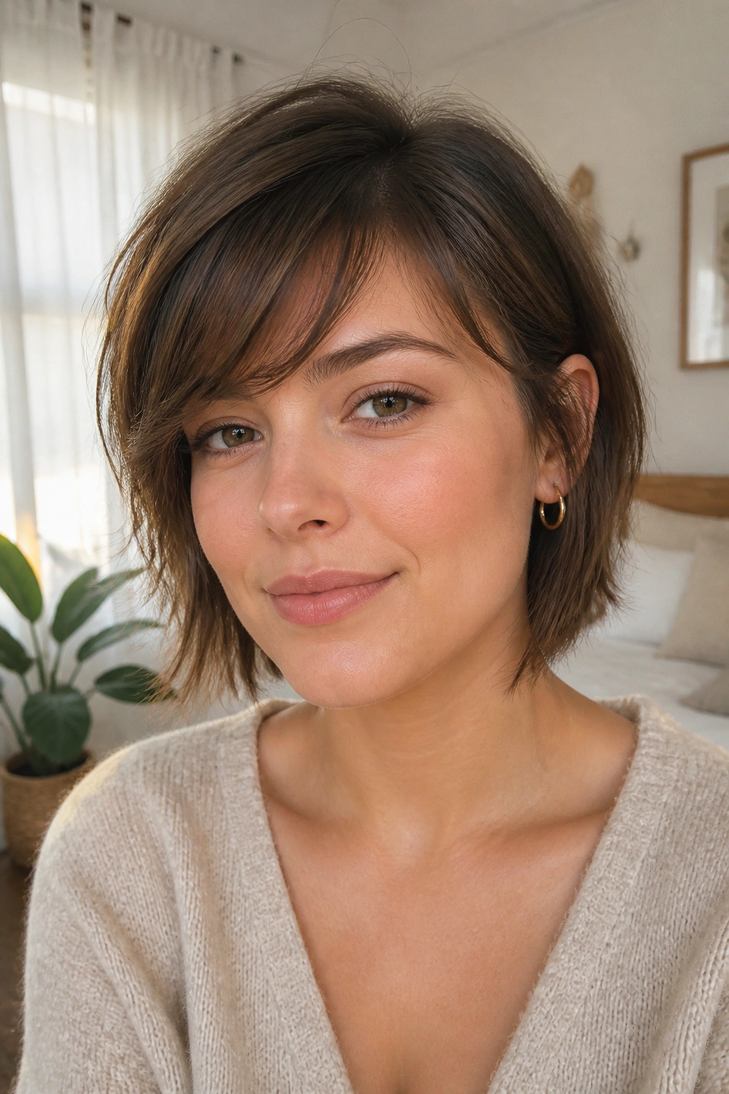 Portrait of a woman with feathered side fringe skimming the brow.