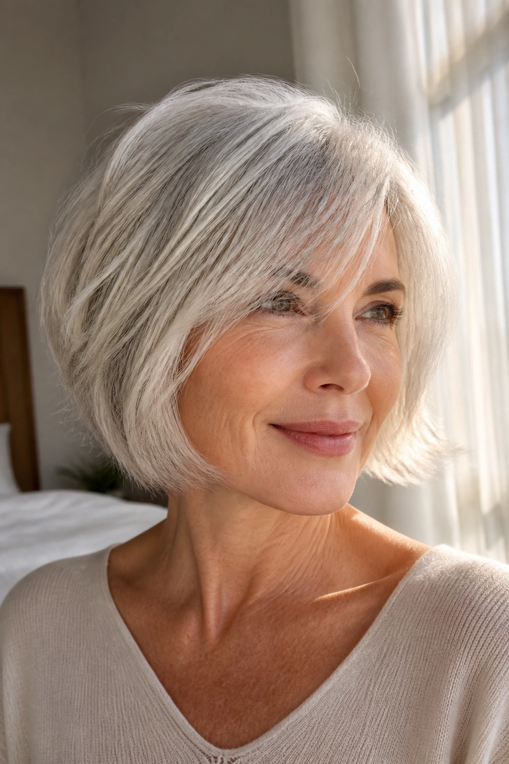 Close-up of a real person with a silver feathered bob showing soft wispy ends and movement