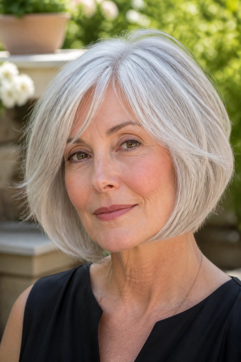 Close-up portrait of a real woman with feathered silver bob and airy layers.