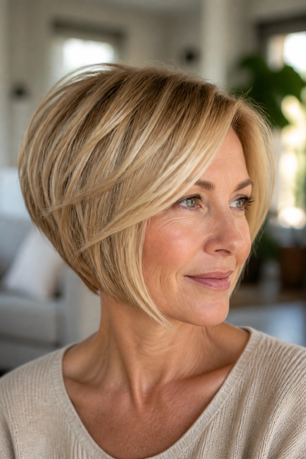 Close-up of a real woman with a feathered stacked bob showing movement and subtle blunt ends.
