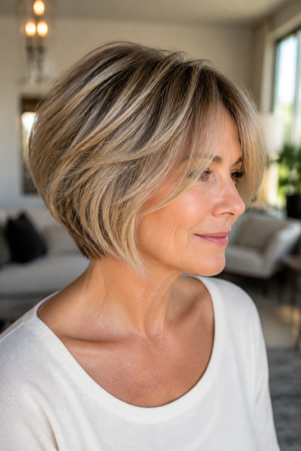 Real woman with feathered stacked bob and airy ends in natural light.