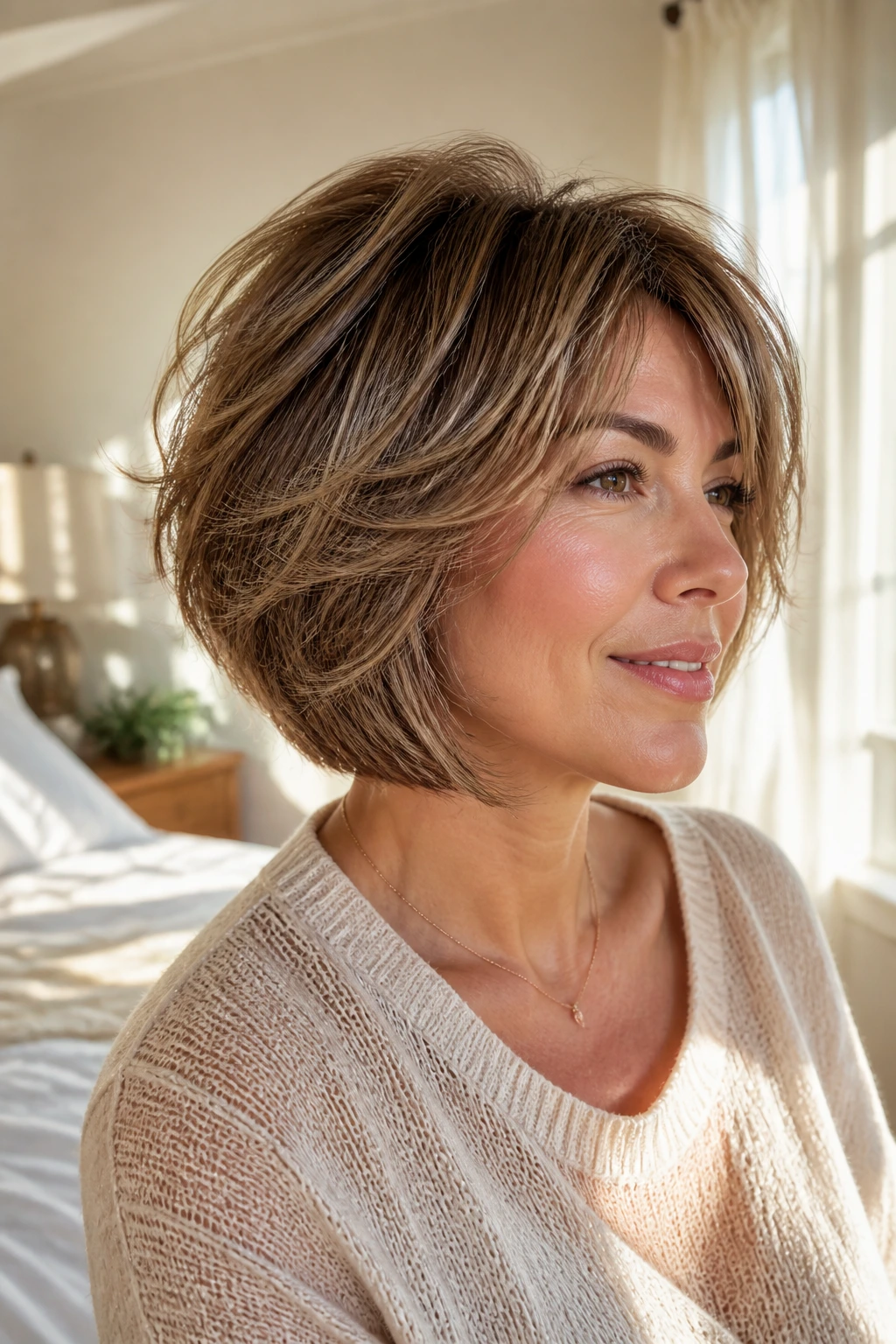 Close-up of a real woman with feathered stacked bob and airy layers in a sunlit bedroom.