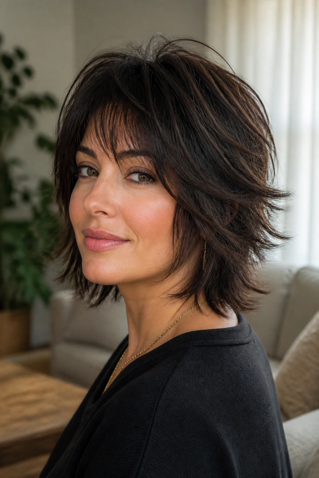 Close-up portrait of a real woman with Feathered Stacked Shag, airy layers framing the cheek area.