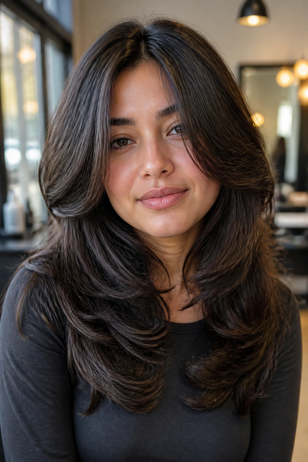 Close-up portrait of a real person with a feathered cut for thick hair showing internal layers around the cheeks