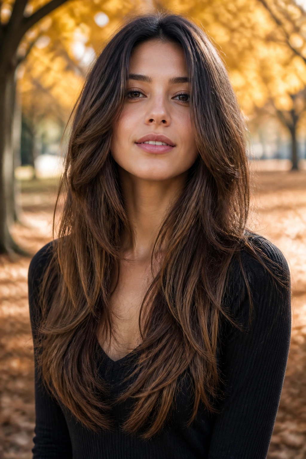 Portrait of a person with long feathered V-cut hair in a park setting
