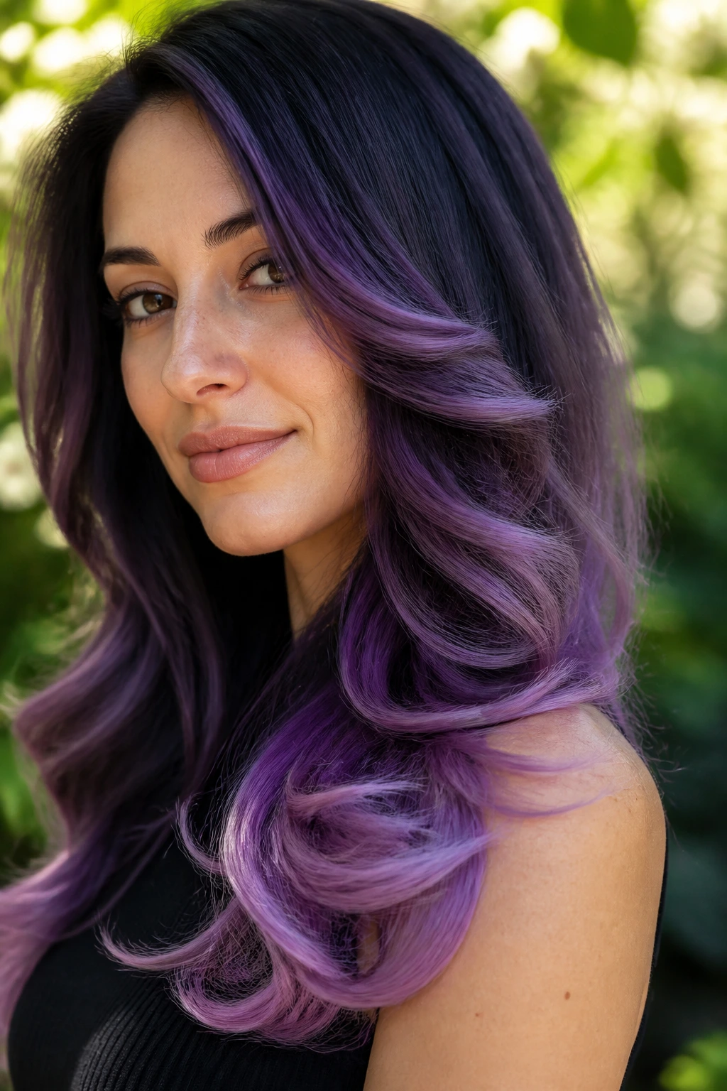 Close-up of woman with violet ombre feathered S-curled hair, long locks and soft waves.