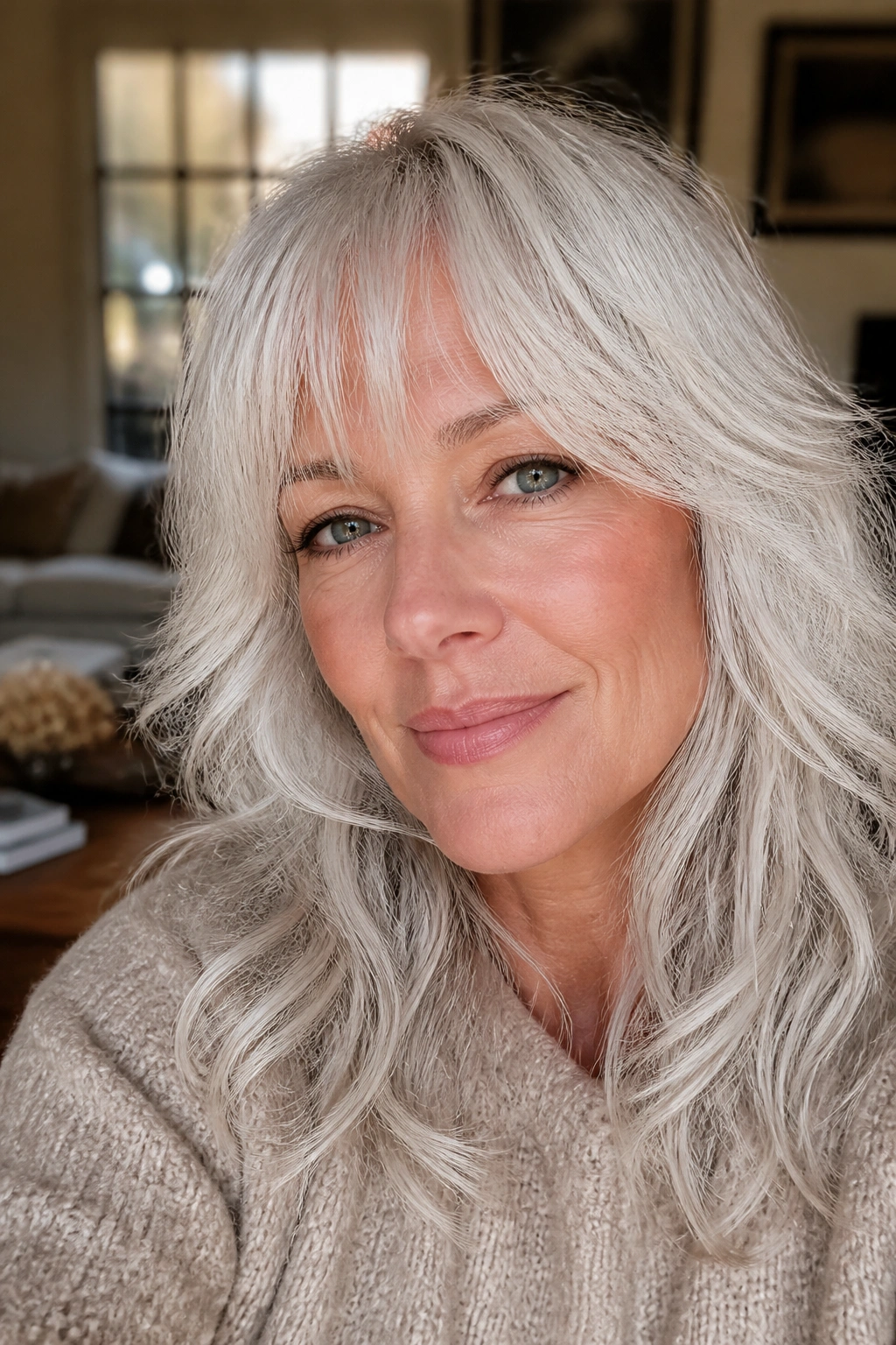 Close-up portrait of a real woman with feathered white bangs in a cozy living room