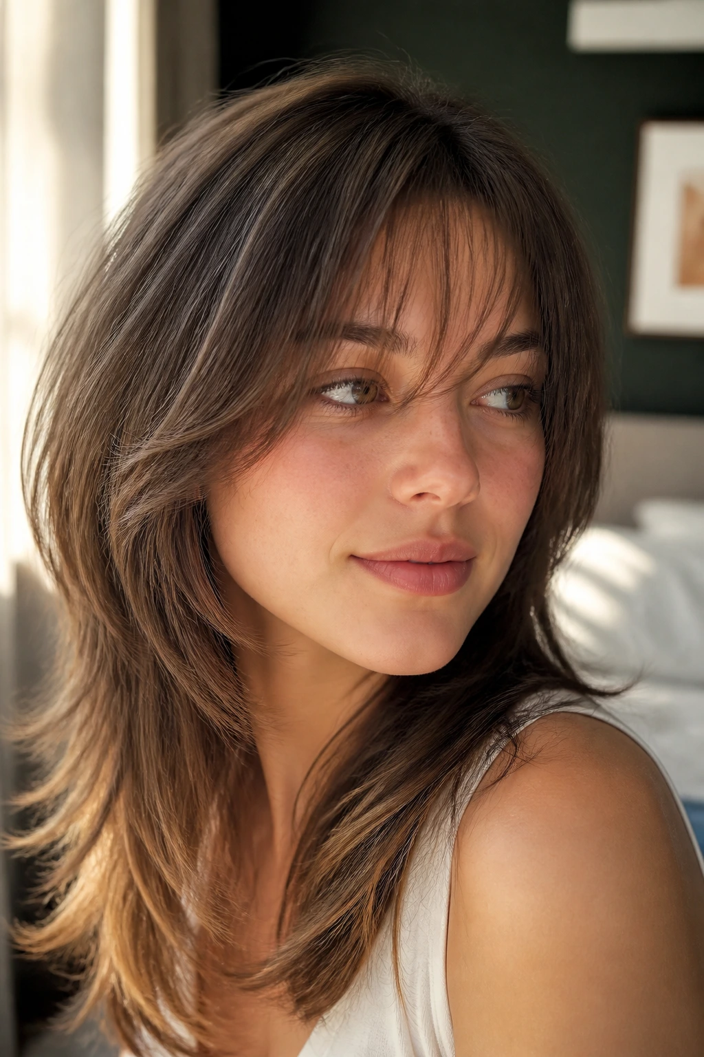 Close-up portrait of a real person with wispy fringe feathered cut