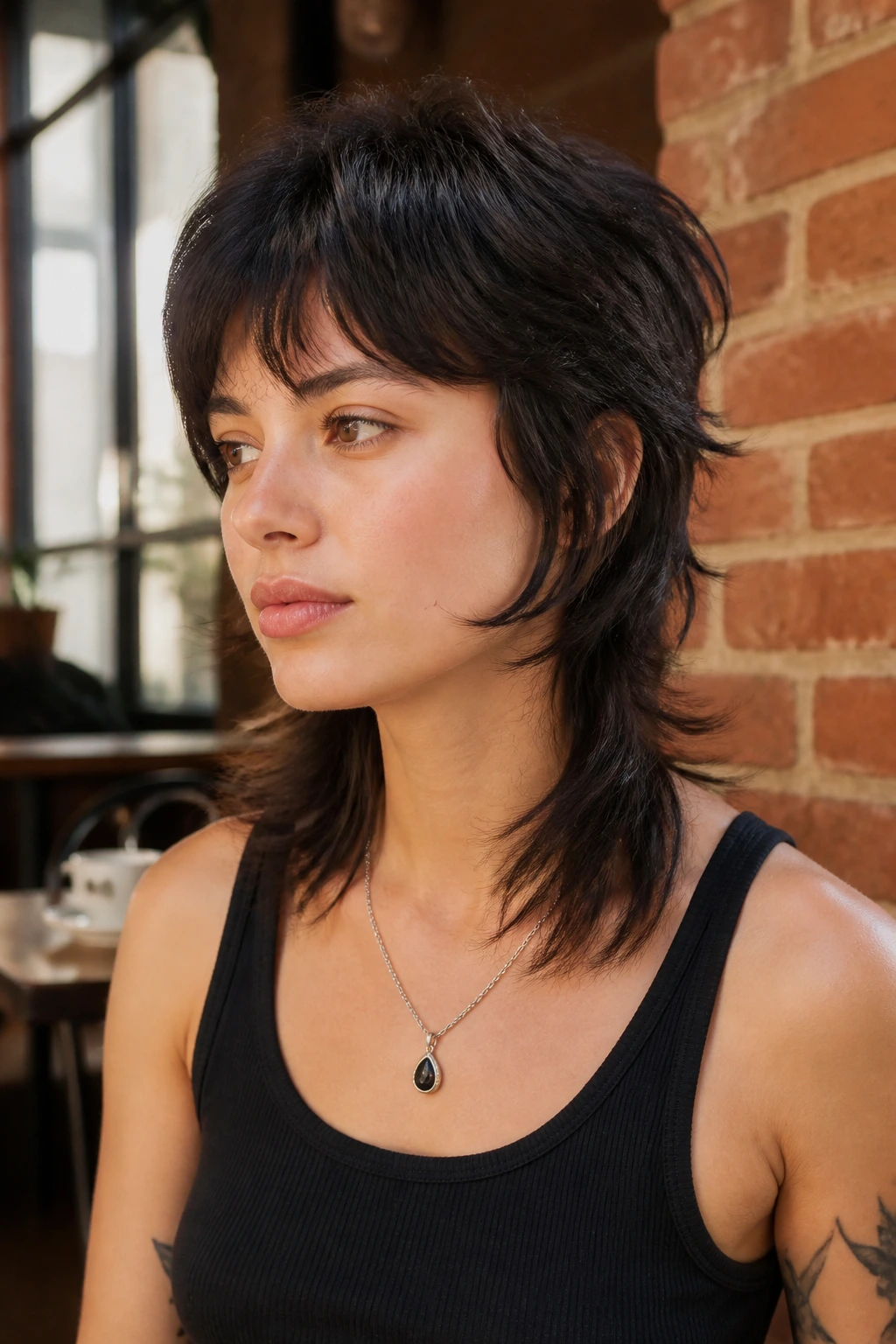 Portrait of a real woman with feathered wolf cut and tapered sides.