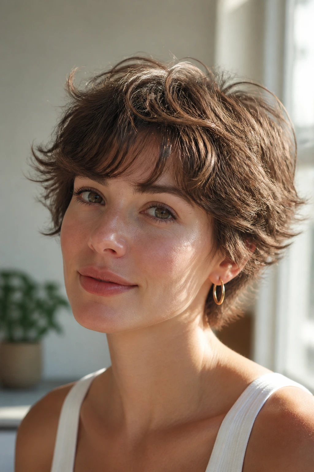 Real woman with a feathery crop and soft, airy ends in a sunlit room