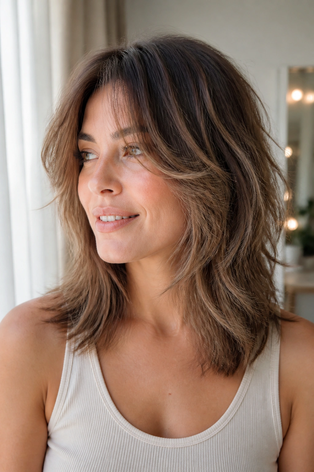 Close-up portrait of woman with feathery shag and face-framing layers
