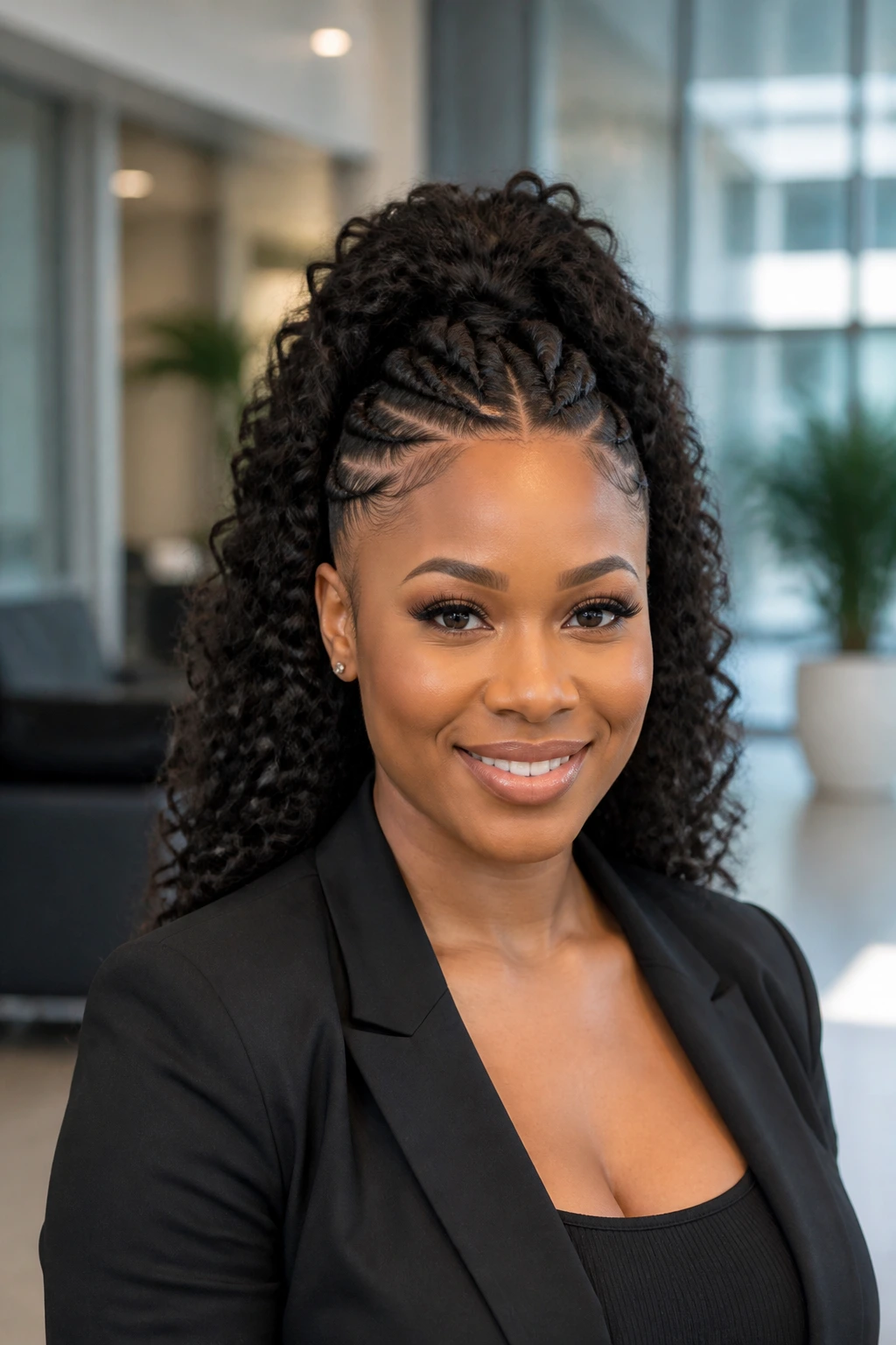 Close-up of a woman with a sleek feed-in base and deep wave crochet.