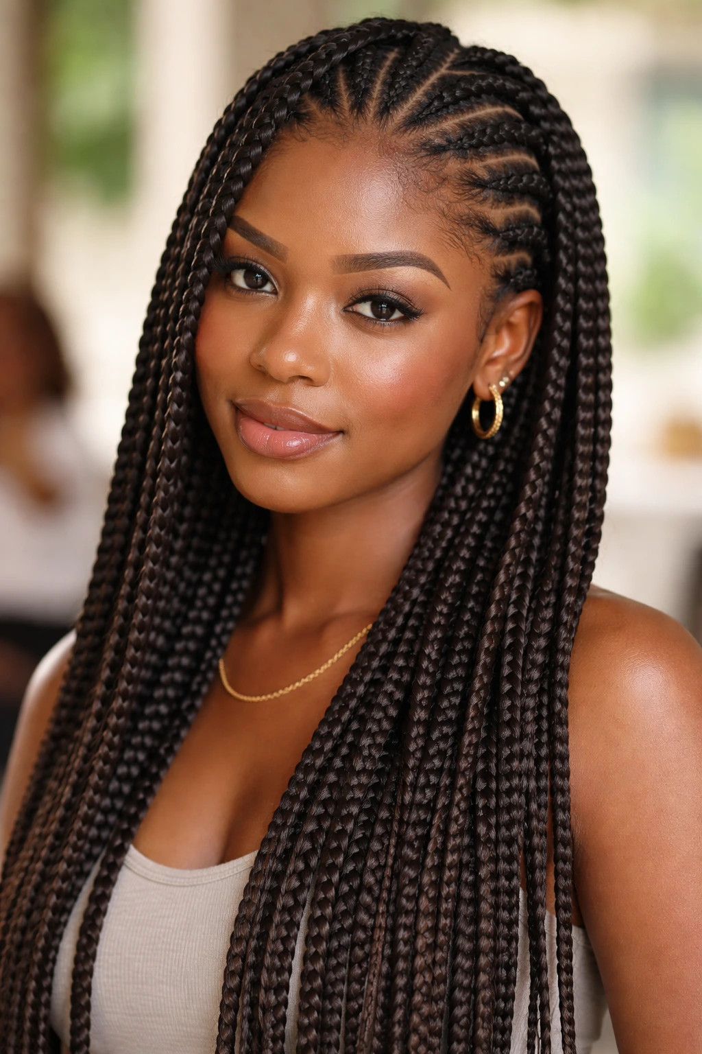 Close-up of a real woman with feed-in box braids and seamless root blend