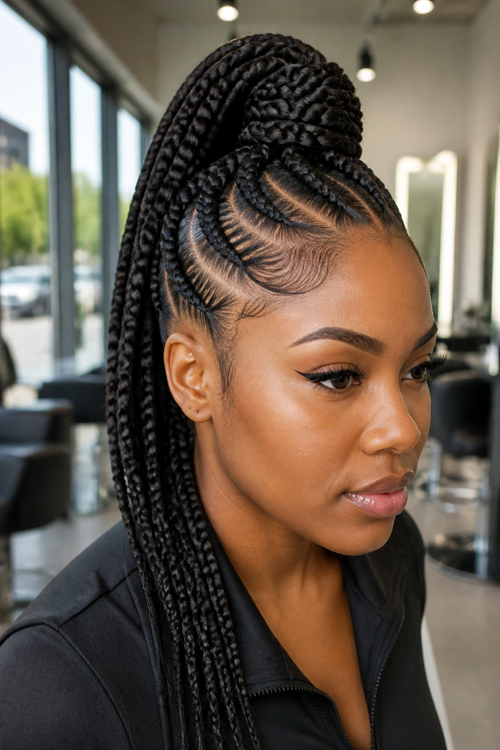 Real woman wearing a feed-in braided mohawk ponytail