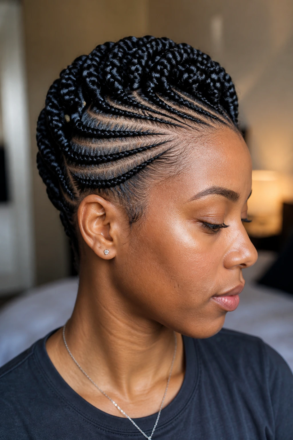 Close-up of a person wearing a feed-in braid mohawk with natural hairline