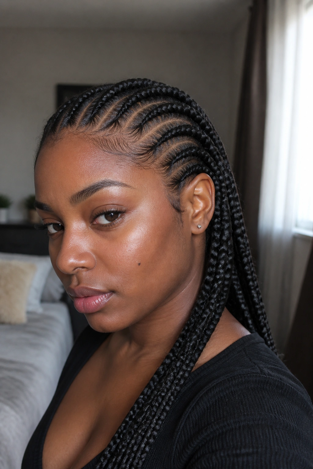 Close-up of a woman wearing feed-in braids starting at the scalp with neat parts.