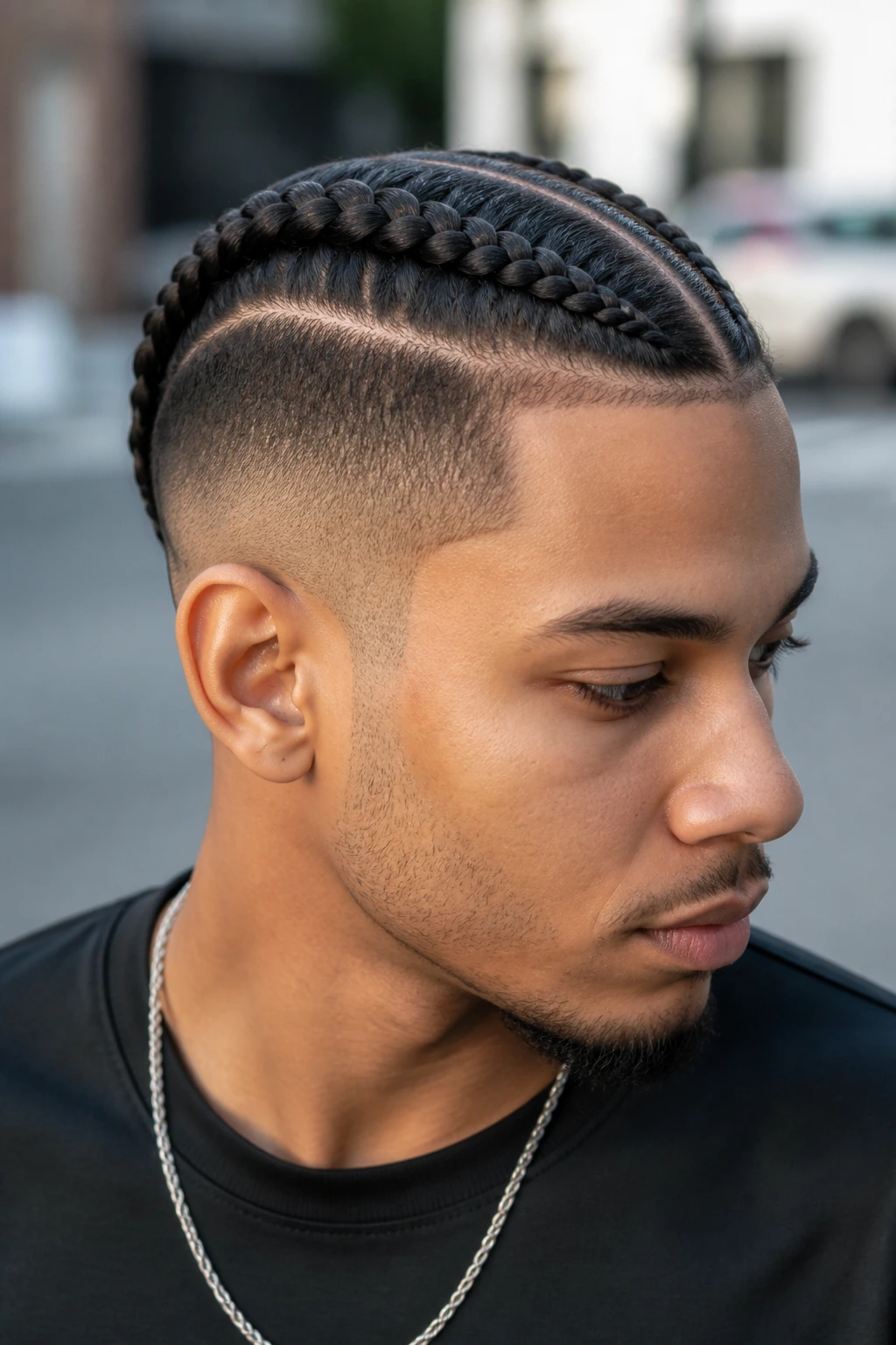 Portrait of a real person with two thick feed-in braids and a mid fade