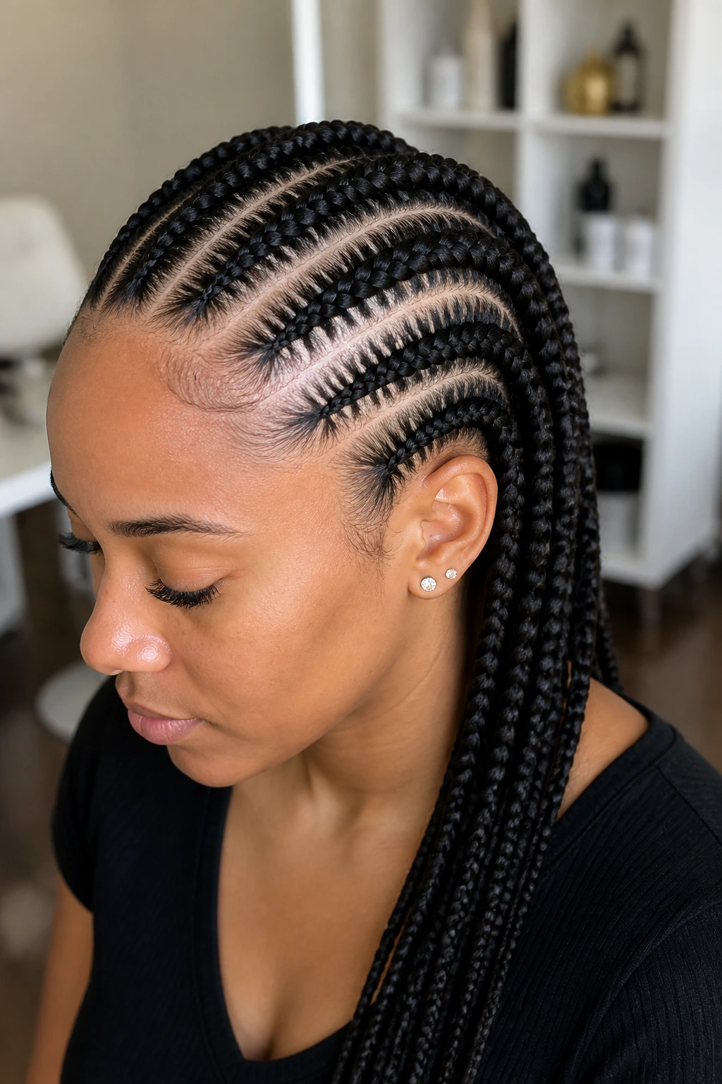 Close-up portrait of a person with feed-in braids starting small at the scalp and thickening along the length in a warm studio.