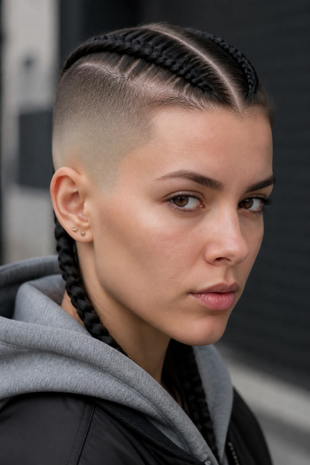 Close-up of a real woman's front showing two feed-in braids and a skin fade