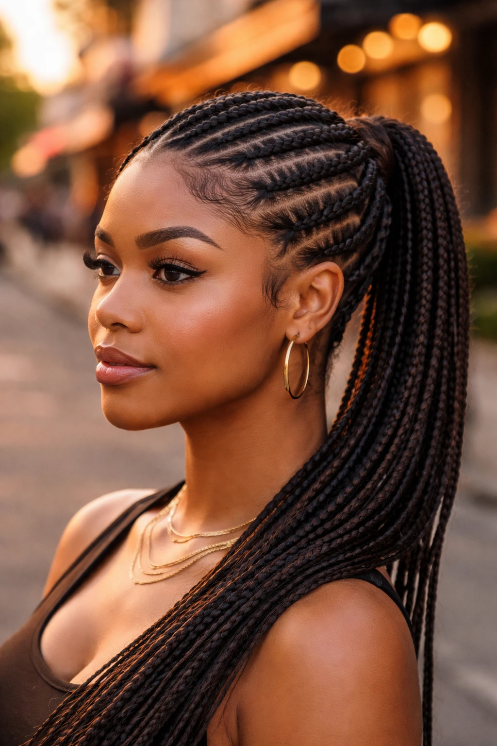 Portrait of real person with diagonal feed-in cornrows on an urban street at golden hour