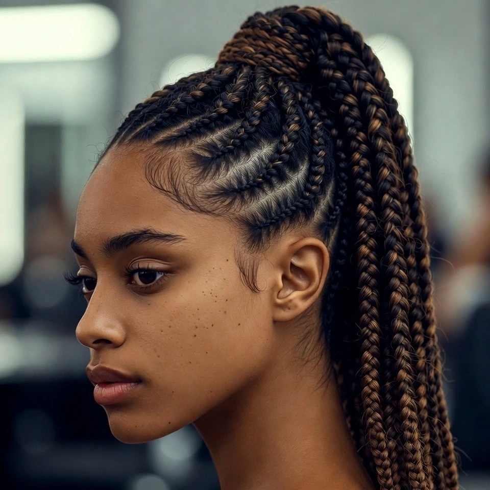 Real woman with feed-in cornrows forming a high ponytail in a bright salon