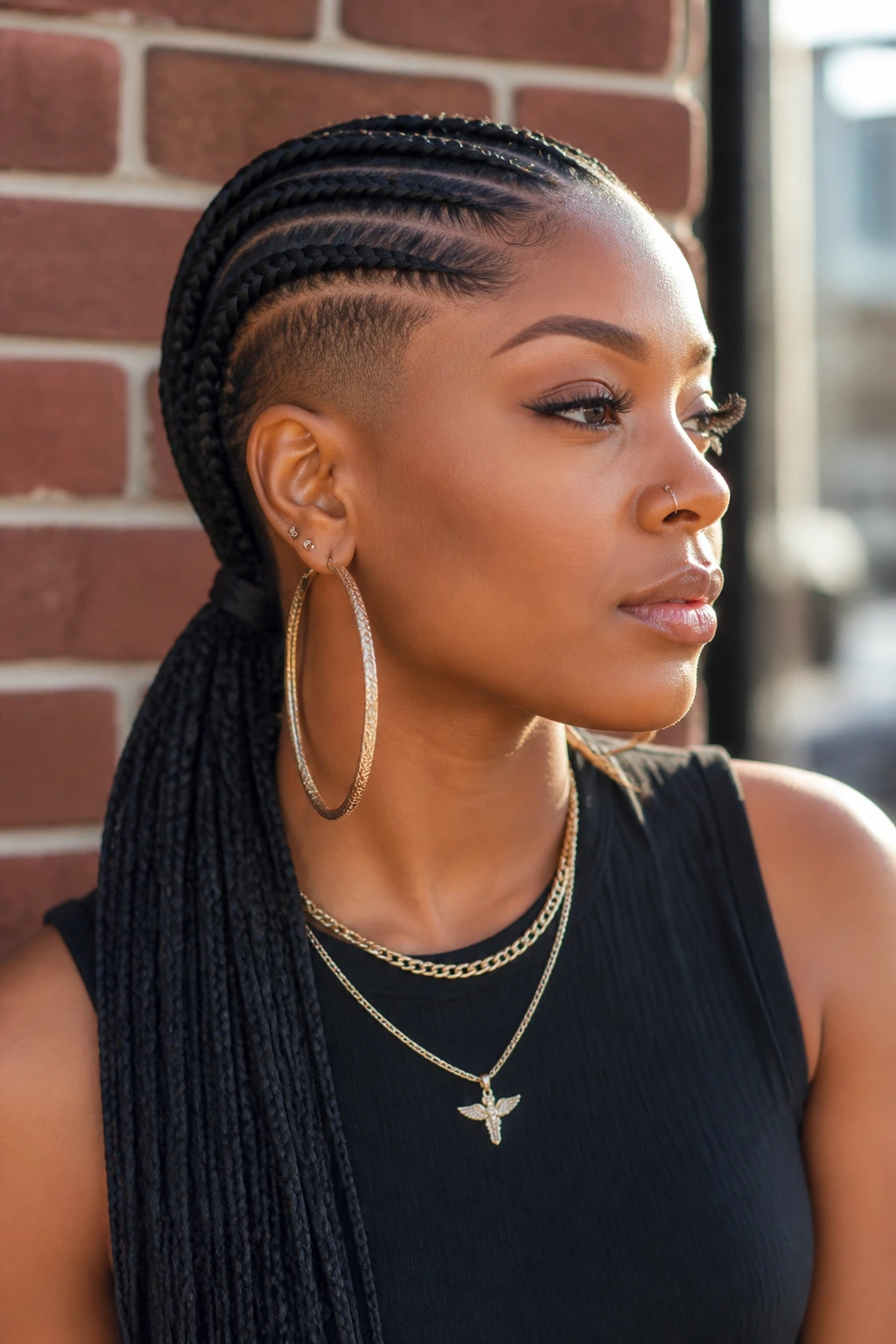 Close-up of a real woman's head showing feed-in cornrows into a low side ponytail with a shaved side