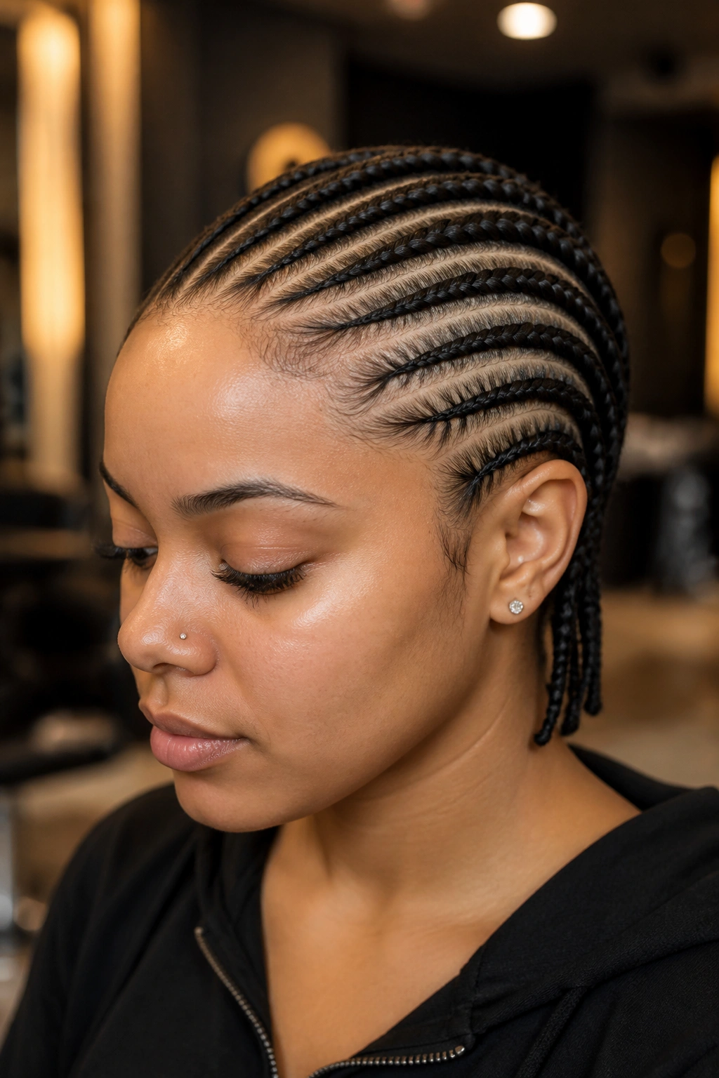 Close-up of a real person with side-swept feed-in cornrows in a salon setting