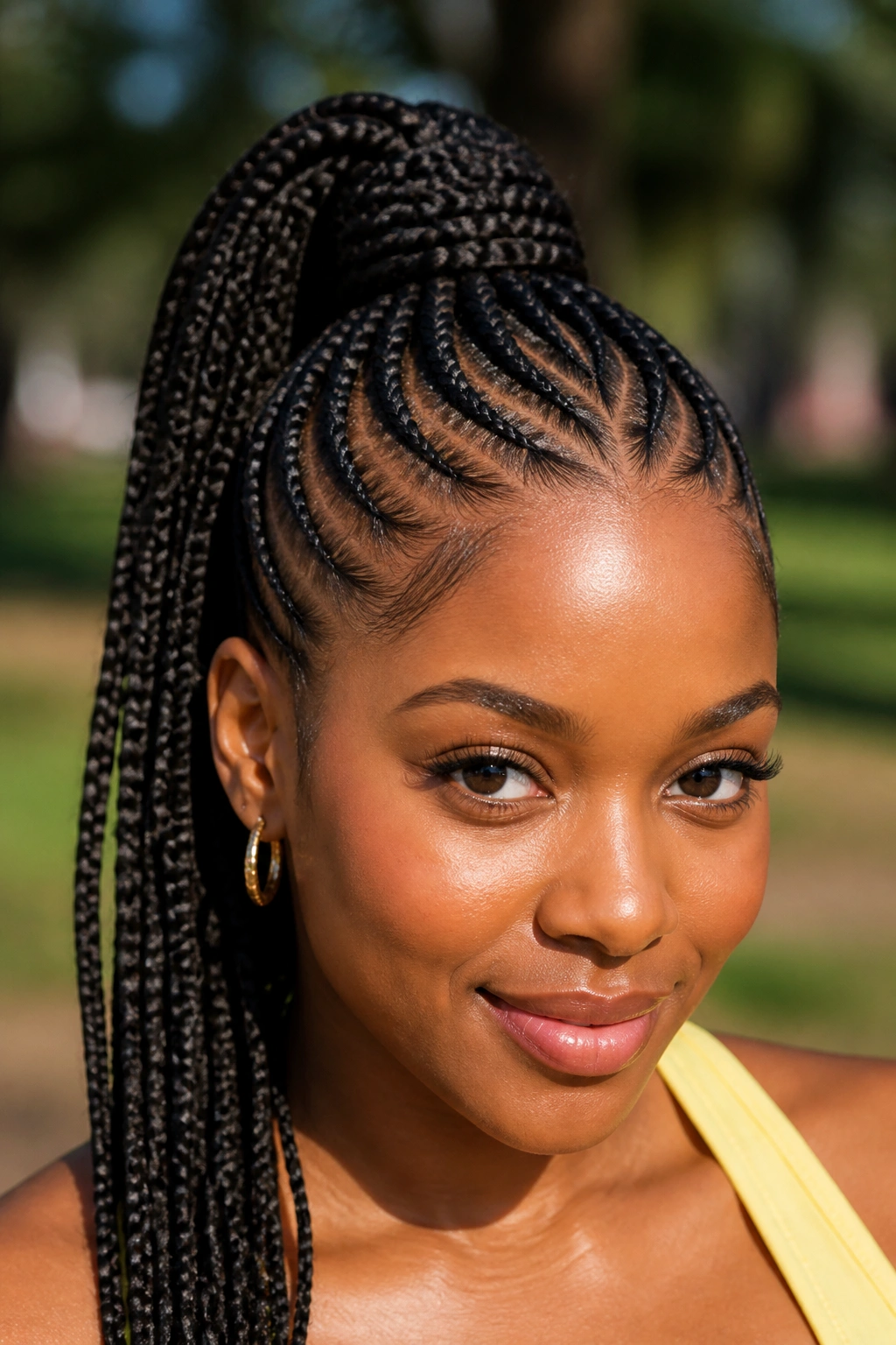 Close-up of a real woman with a high feed-in ponytail braid