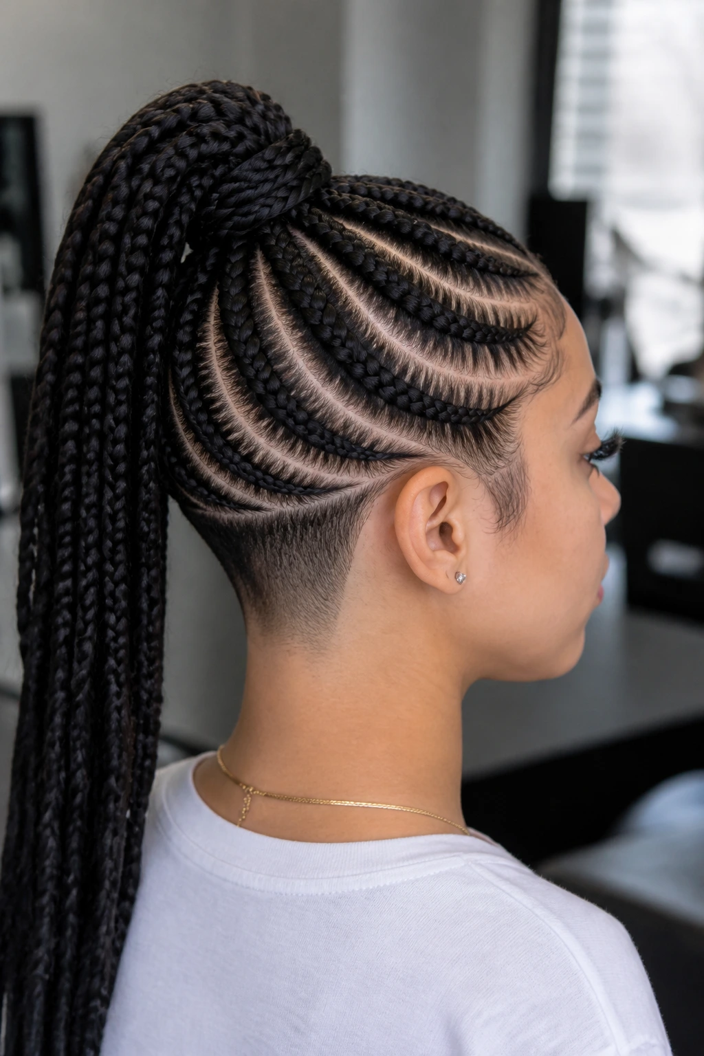 Medium close-up of woman with curved feed-in braids and nape fade ponytail