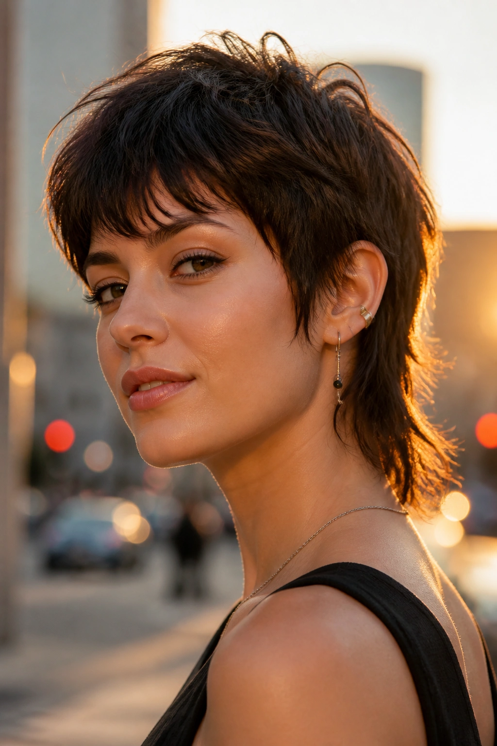 Close-up portrait of a real woman with feminine mullet-leaning pixie shag, longer back and soft fringe.