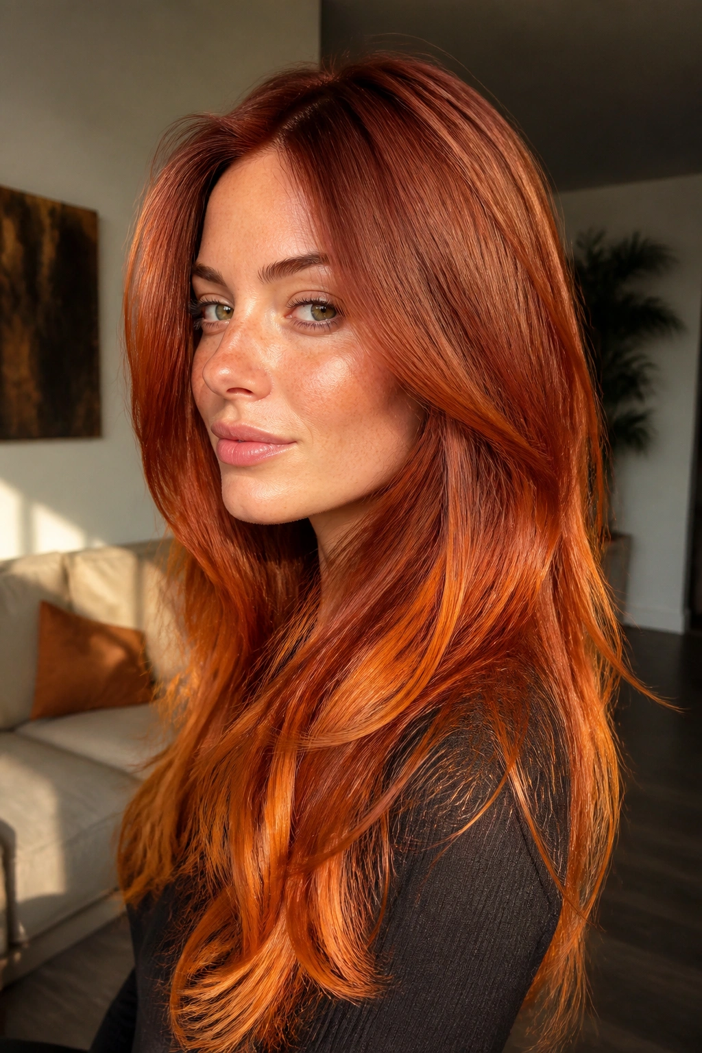 Close-up of a real woman with fiery copper melt hair.
