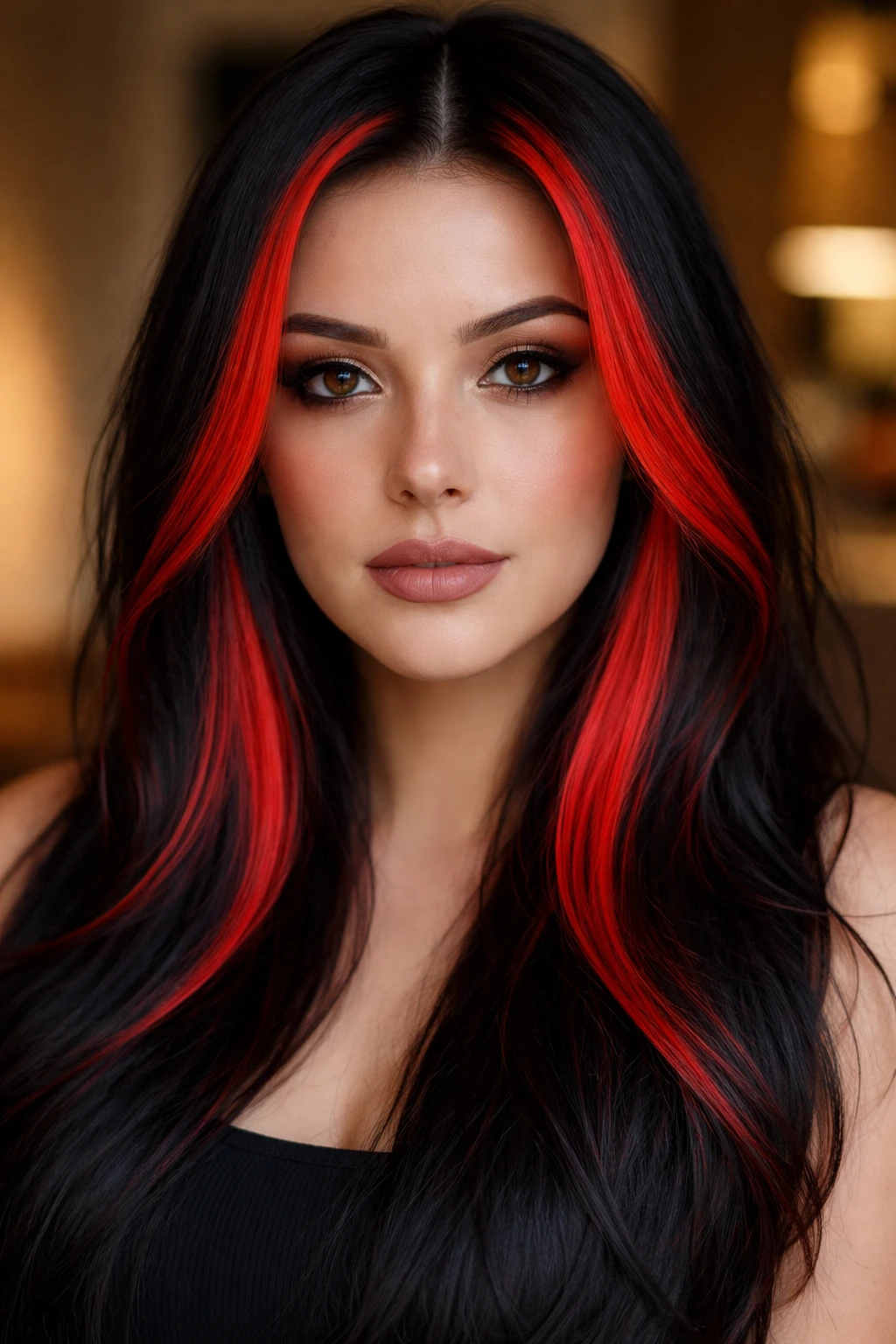 Close-up portrait of a real woman with fiery red face-framing strips